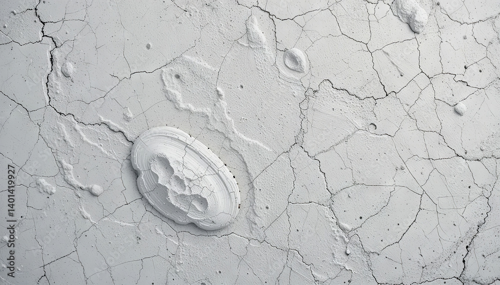 Poster a textured white surface features intricate cracks and a unique circular formation at the center, cr