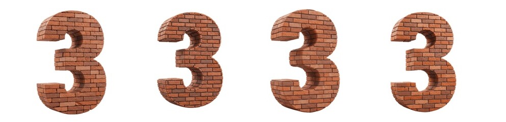 Set Or COllection Of Number Three 3 made of bricks isolated on transparent background, PNG , Bricks...