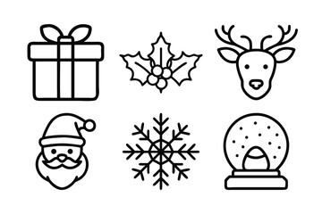 Christmas Elements Vector Line Drawing Set Isolated On A White Background