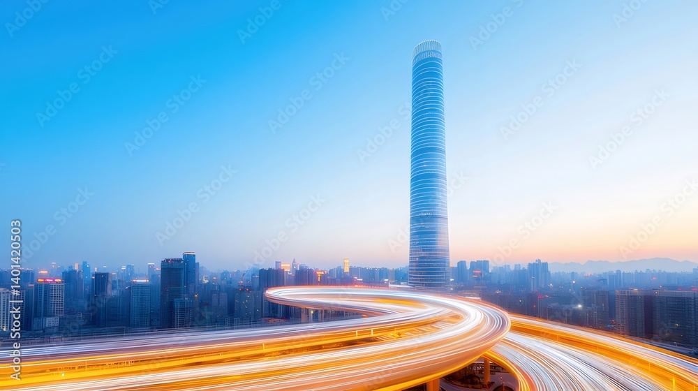Aufkleber 夕暮れの空にそびえる近代的な高層ビルと高速道路の都市景観
