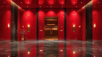 A stunning and modern lobby featuring glossy red walls, elegant lighting, and striking marble floors. This design showcases luxury and sophistication.