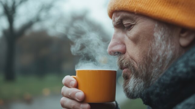 Man Suffering from Respiratory Issues in Foggy Park Due to Pollution - Health and Environment Concept