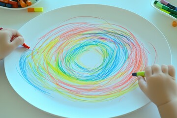 Child's colorful swirling drawing on plate