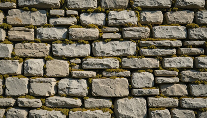 Fototapeta premium The stone wall features unevenly sized, light-colored stones with patches of green moss, illustrating the wear of time and elements in an outdoor environment