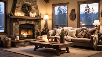 A cozy living room featuring a soft beige sofa with orange cushions, draped with a textured blanket