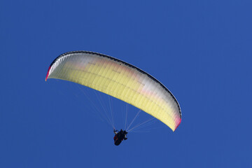 Tandem Paraglider flying in a blue sky	