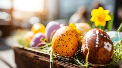 Colorful Easter eggs nestle in a wooden box with grass and a daffodil, bathed in sunlight