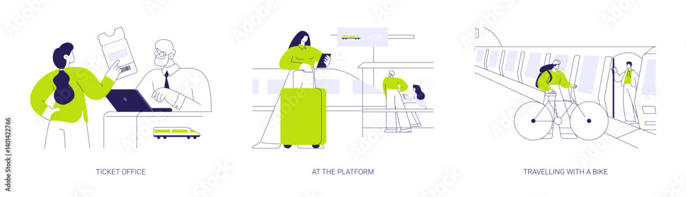 Sticker train station abstract concept vector illustrations.