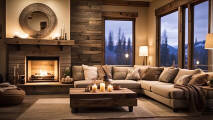 A cozy living room featuring a soft beige sofa with orange cushions, draped with a textured blanket
