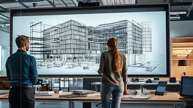 Professionals examine architectural design on a large screen in a modern office setting, discussing details