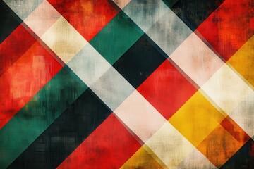 Abstract diagonal plaid with red green and yellow color scheme