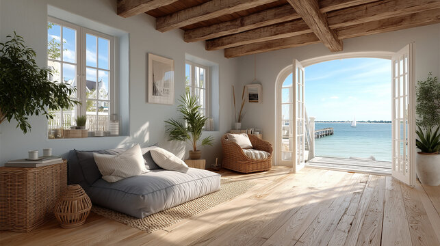 Int&eacute;rieur chaleureux d'une maison traditionnelle d'Arcachon, style bord de mer