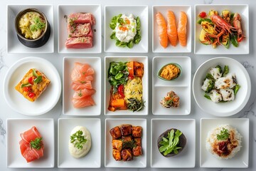 Collage of delicious healthy foods on table