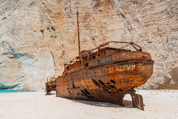 Famous shipwreck on Navagio Beach, Zakynthos, Greece.