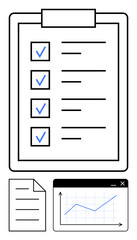 Organized checklist with blue ticks on clipboard, simple document sheet, and upward-trending growth chart. Ideal for productivity, planning, organization, progress, report business strategy. Flat
