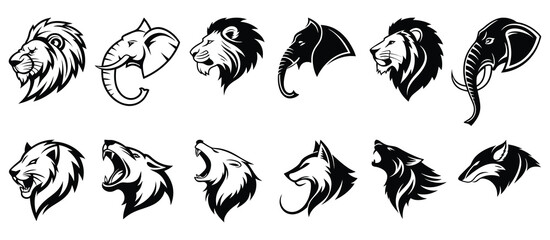 Wild Animal Mascot Icon Set Vector Silhouette Collection of Animal Heads for Logo & Branding.