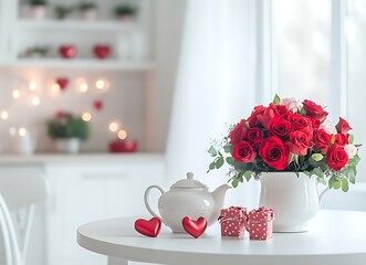 Valentine's Day background with a bouquet of red roses, heart-shaped gift boxes, and a teapot on a white table in the kitchen