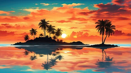 A serene tropical landscape featuring silhouetted palm trees on a small island
