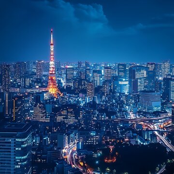 Tower and skyline lit by sunset in tokyo high resolution picture