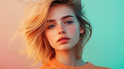 Fototapeta premium Beautiful young woman with blonde hair and freckles portrait studio shot girl face skin eyes blue