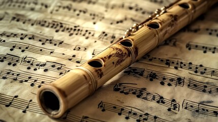 Close-up of a bamboo flute lying on aged sheet music, evoking a sense of musical history and tradition, capturing the essence of classical melodies and timeless compositions
