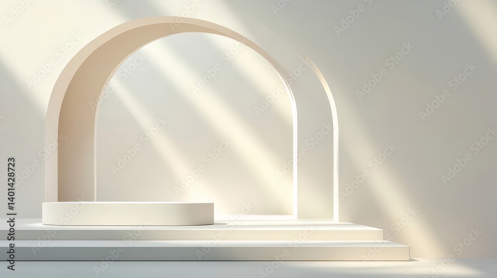 Poster Minimalist White Interior Design with Arched Structures and Soft Lighting Creating a Tranquil Atmosphere