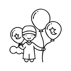 child holding eid balloons icon, child holding eid balloons line art - simple line art of child holding eid balloons, perfect for child holding eid balloons logos and icons