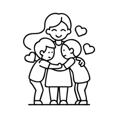children hugging mom icon, children hugging mom line art - simple line art of children hugging mom, perfect for children hugging mom logos and icons