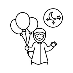 child holding eid balloons icon, child holding eid balloons line art - simple line art of child holding eid balloons, perfect for child holding eid balloons logos and icons