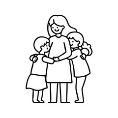 children hugging mom icon, children hugging mom line art - simple line art of children hugging mom, perfect for children hugging mom logos and icons