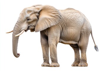 Obraz premium A large African elephant standing tall, isolated on a white background, capturing its majestic presence.