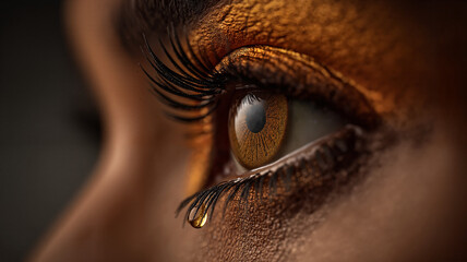 Tearful close-up of a person&rsquo;s eye with golden makeup  