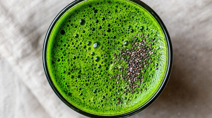 Fresh green smoothie with chia seeds in a black glass  