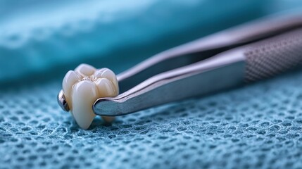 The image shows a close-up of a dental extraction tool holding a human tooth above a turquoise surgical background. It's focused and detailed.