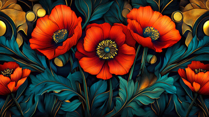 Floral arrangement of red poppies with golden accents and teal leaves