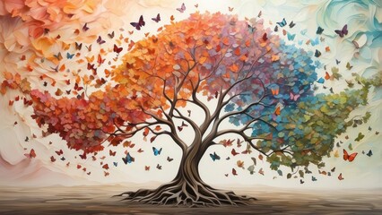A vibrant, surreal tree with multicolored foliage transitions from orange to green, surrounded by swirling butterflies of various colors