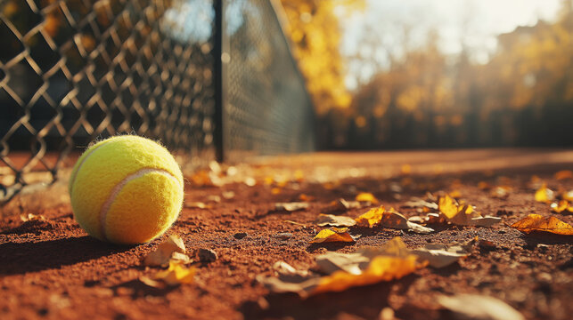 Close up of a tennis ball near the net of a clay court, surrounded by dry leaves during a warm autumn afternoon