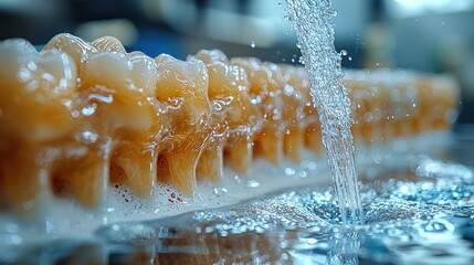 This image showcases a close-up view of water flowing over a row of ice cream scoops, creating a refreshing scene. Droplets and splashes add vibrancy.