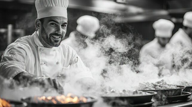 Passionate Chef in a Busy Kitchen: Culinary Arts in Black and White