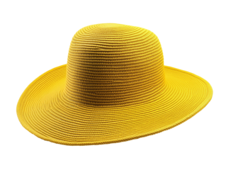 A vibrant yellow sun hat featuring an elegant wide brim, perfect for enjoying sunny days at the beach or on outdoor adventures during summer.