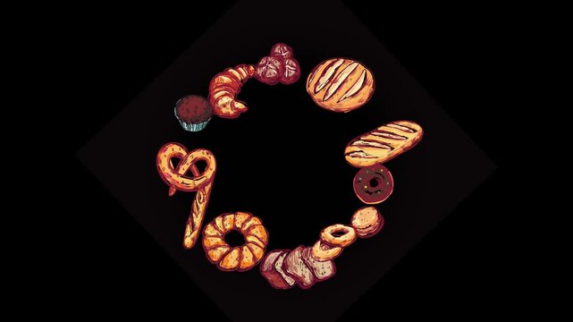 Bakery Circle Animation - Bread, Pastries, Alpha, 4K