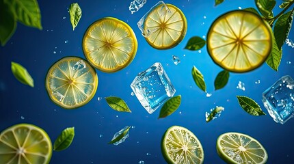 Lemon slices ice cubes and mint leaves appear to float against a bright blue background evoking a sense of freshness and summer relaxation in every detail