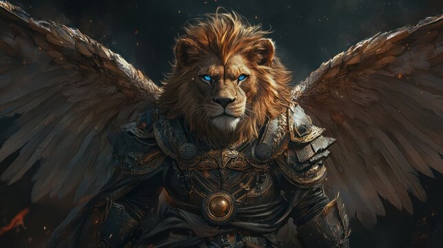 Winged Lion Warrior, Fiery Inferno Background, Fantasy Art