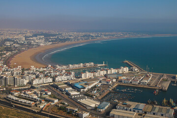 Fototapeta premium Coastal scene of agadir city, sandy agadir beach and skyline