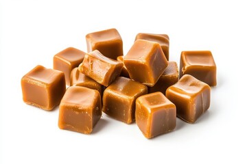 Pile of caramel candies isolated on white background