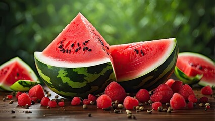 A vibrant slice of watermelon, with three triangular pieces arranged around a whole section
