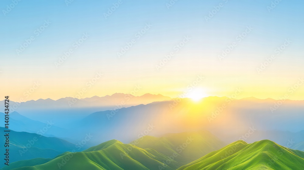 Poster 日の出時の山々のパノラマビュー 太陽光が緑豊かな丘陵地帯を照らし 穏やかな青空を背景に輝く