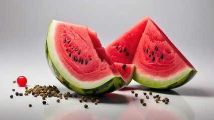 A vibrant slice of watermelon, with three triangular pieces arranged around a whole section