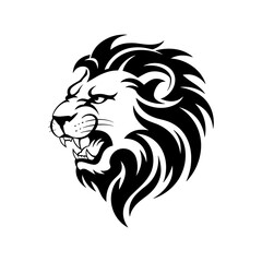 Fototapeta premium Roaring lion head mascot logo, black and white tribal lion tattoo art, fierce predator profile illustration for sports team branding and apparel