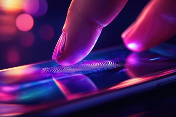 Finger scanning technology, futuristic design, vibrant colors, biometric security, digital authentication.